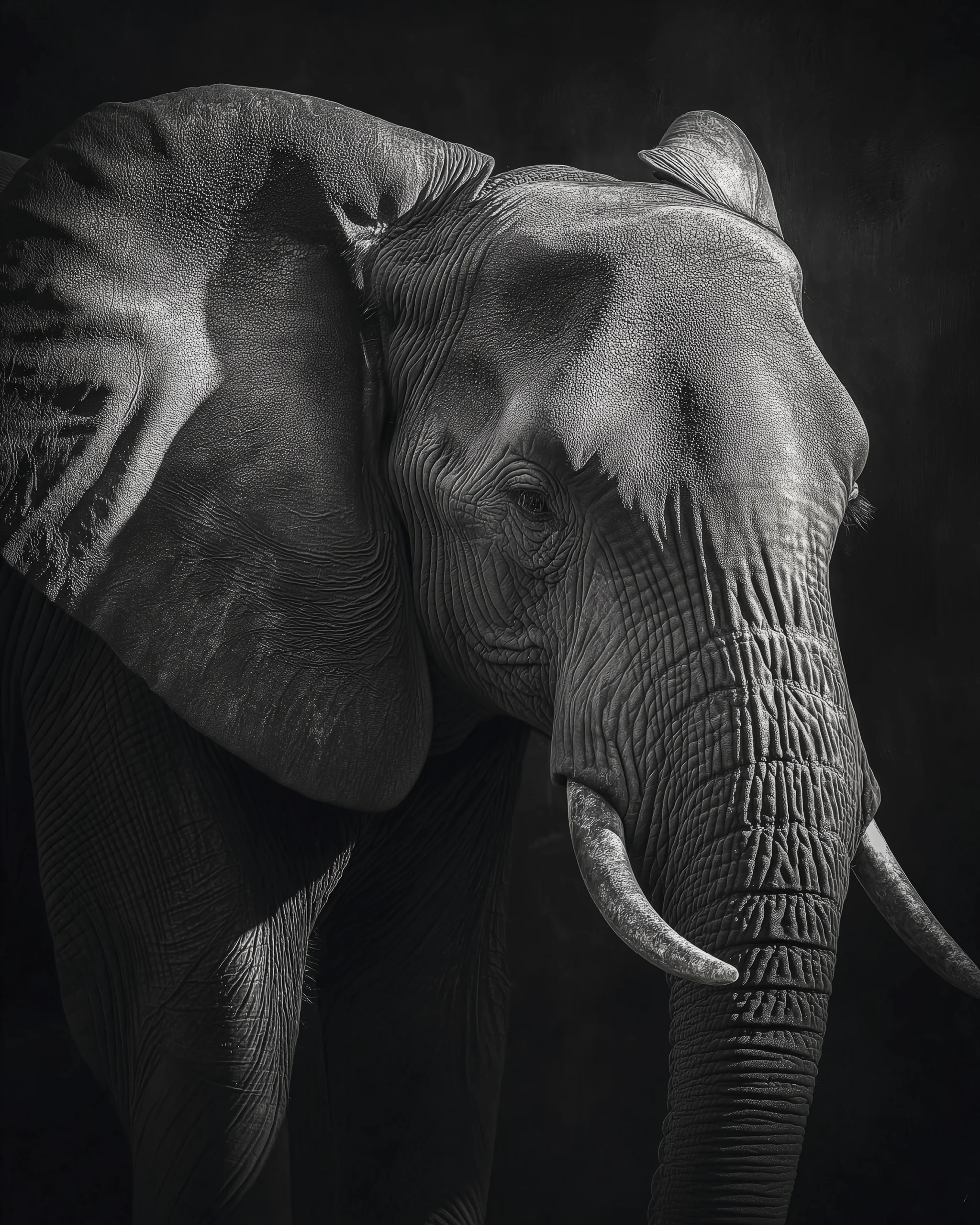 Elephant Obsidian, portrait rapproché d’un éléphant en noir et blanc