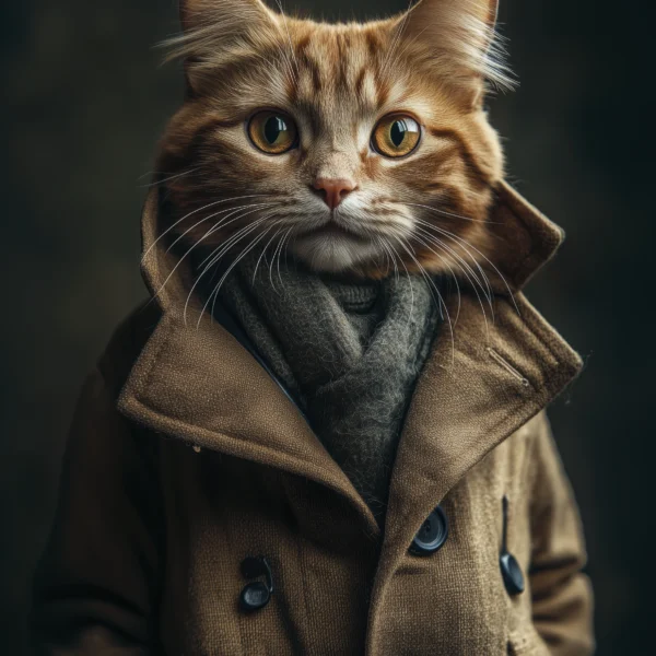Gentleman Cat, chat roux élégant en manteau brun et écharpe grise