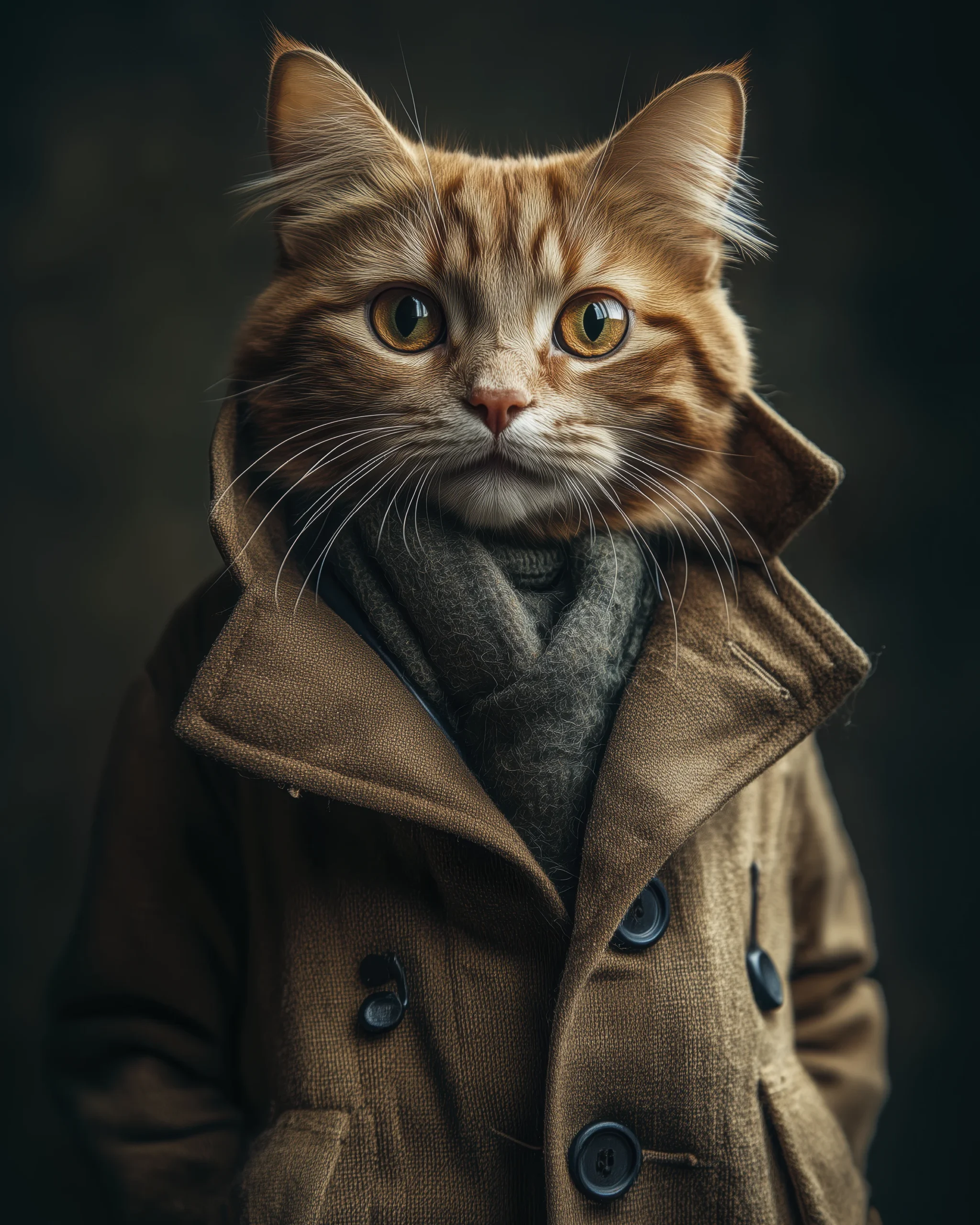Gentleman Cat, chat roux élégant en manteau brun et écharpe grise