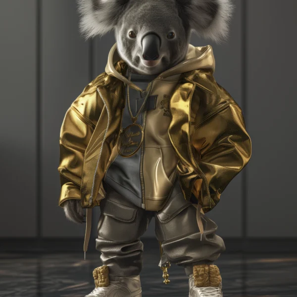 Golden Koala, koala en veste dorée et tenue streetwear