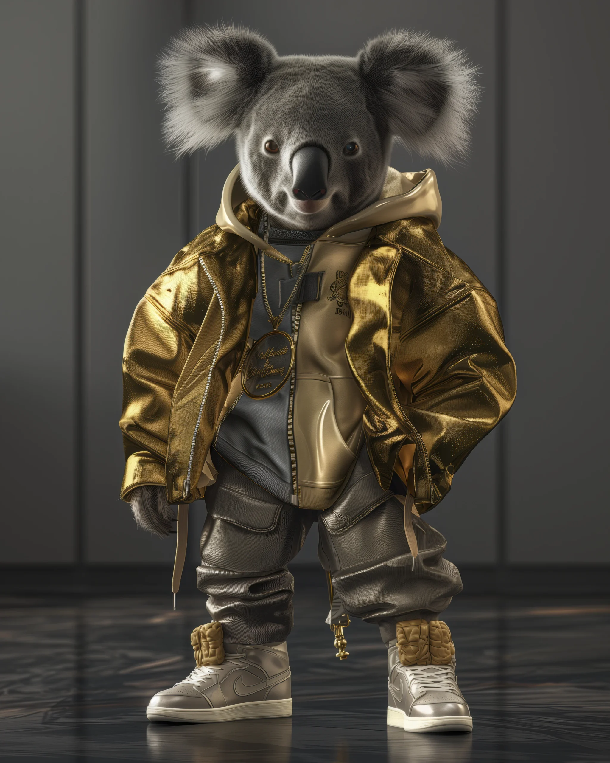 Golden Koala, koala en veste dorée et tenue streetwear