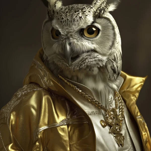 Golden Owl, hibou en veste métallisée et chaînes dorées