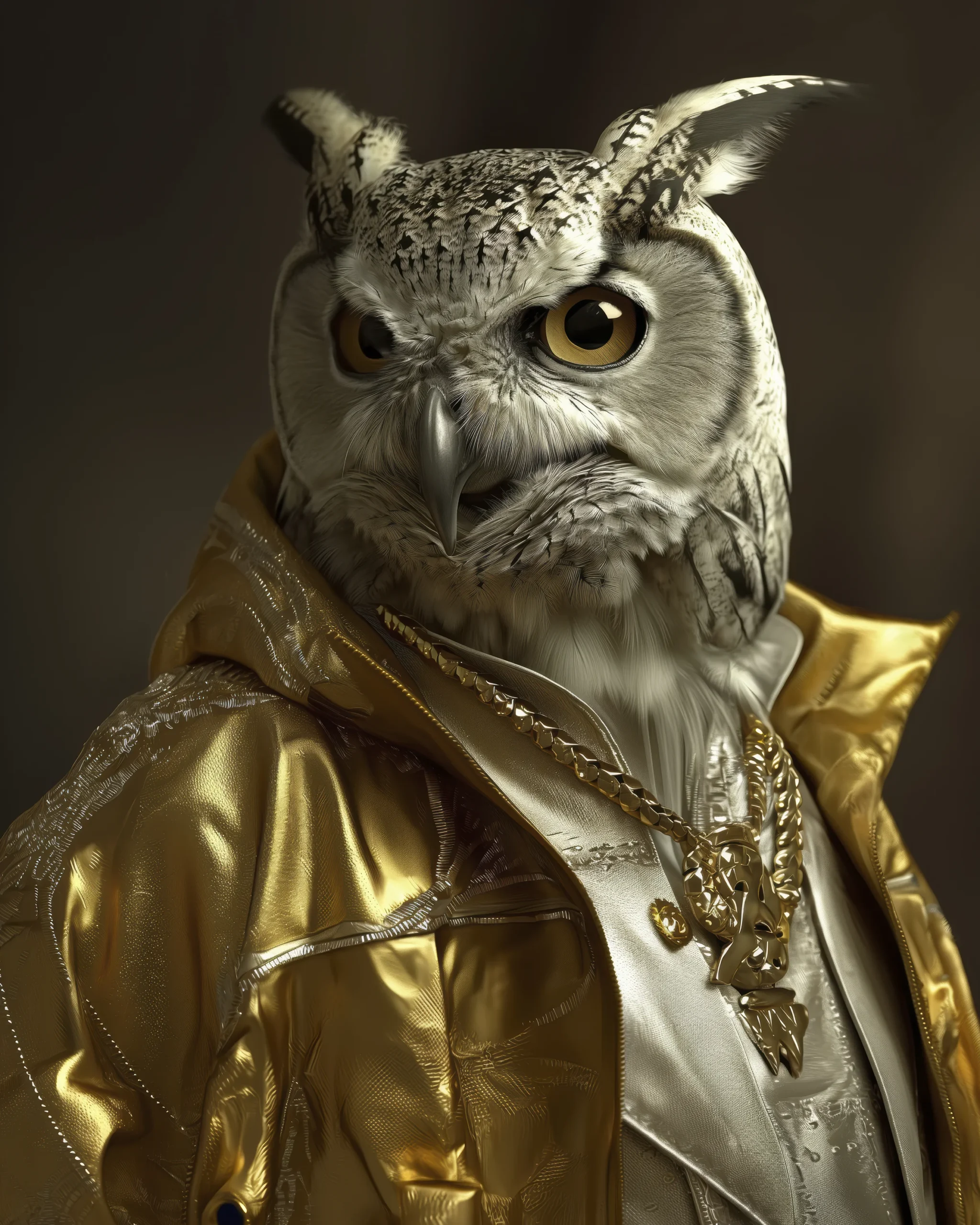 Golden Owl, hibou en veste métallisée et chaînes dorées