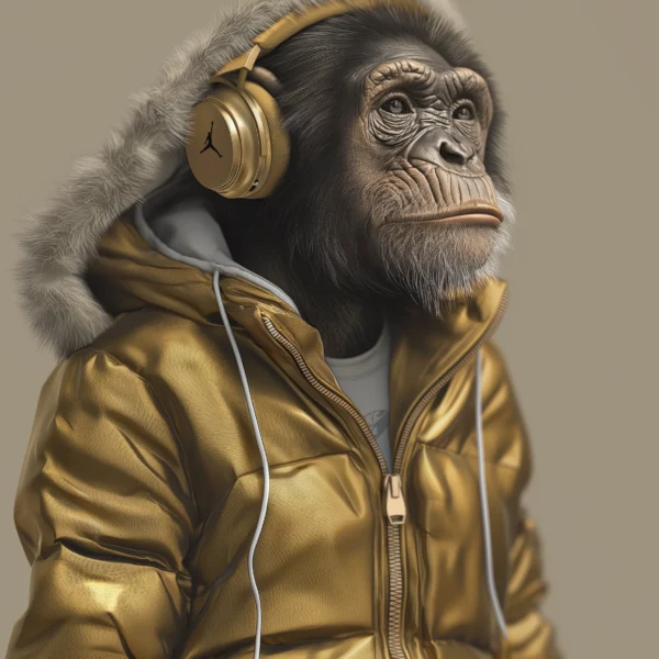 Golden Sound, chimpanzé avec casque audio et doudoune dorés