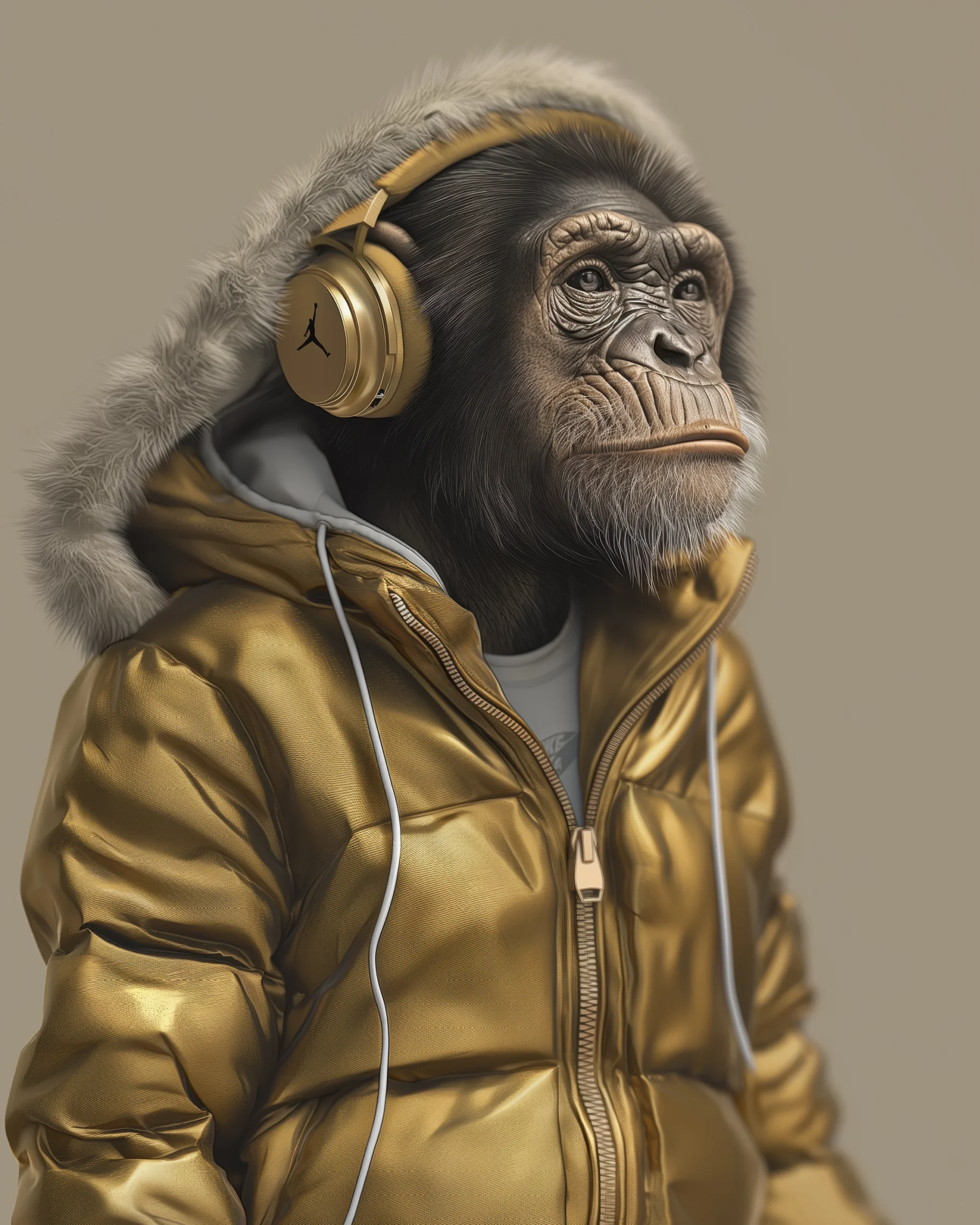 Golden Sound, chimpanzé avec casque audio et doudoune dorés
