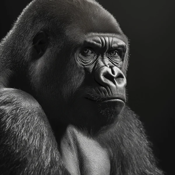 Gorilla Monochrome, portrait d’un gorille en noir et blanc sur fond sombre