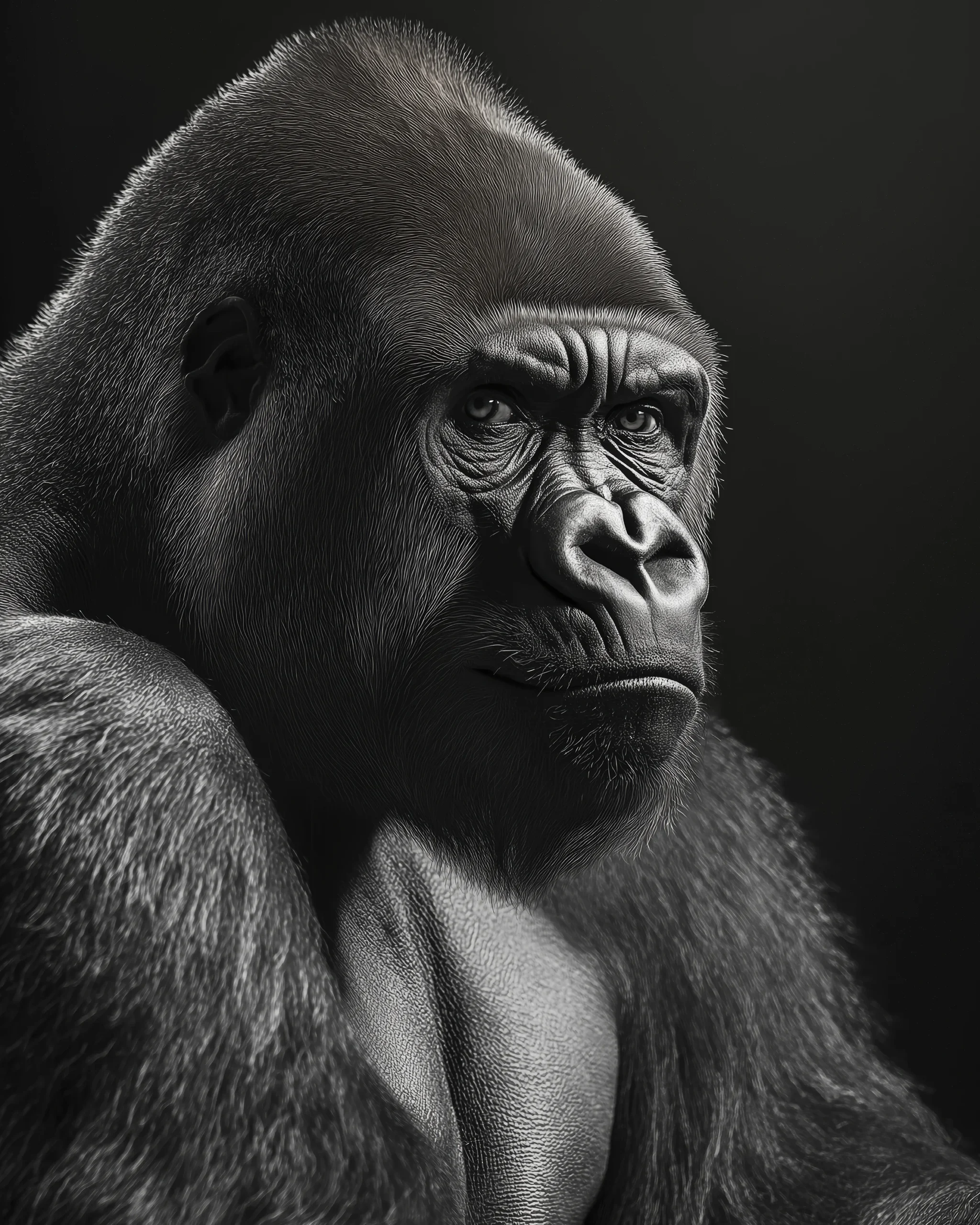 Gorilla Monochrome, portrait d’un gorille en noir et blanc sur fond sombre