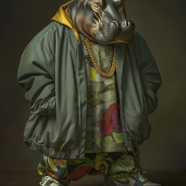Hippo Street King, hippopotame en bomber kaki et tenue streetwear