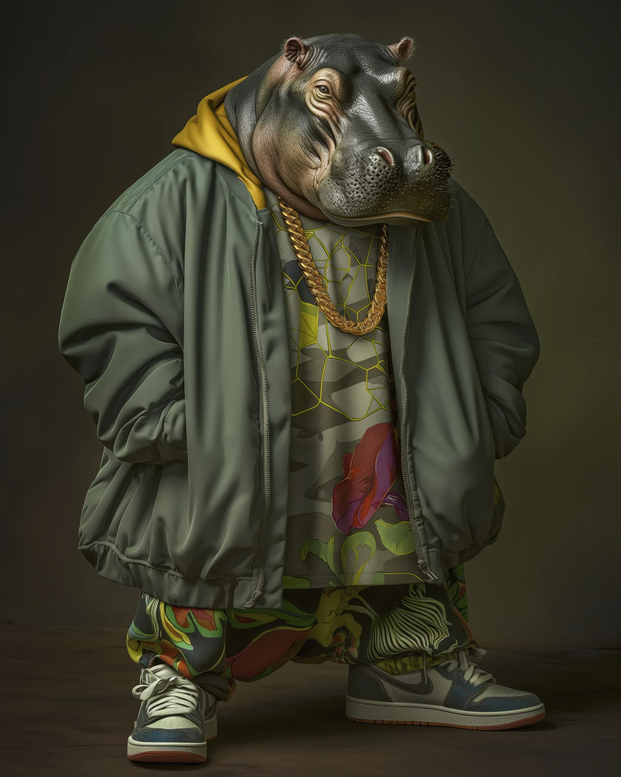 Hippo Street King, hippopotame en bomber kaki et tenue streetwear
