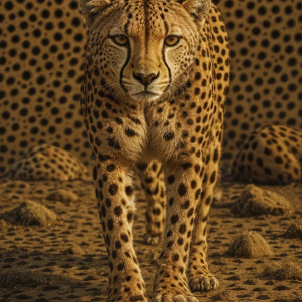 Leopard Gold, grand félin doré avançant dans un décor tacheté
