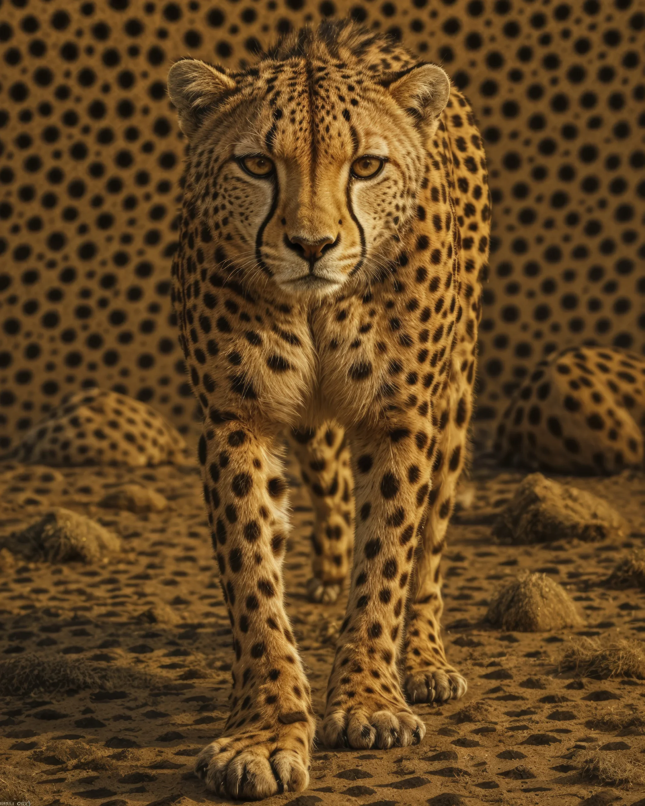 Leopard Gold, grand félin doré avançant dans un décor tacheté