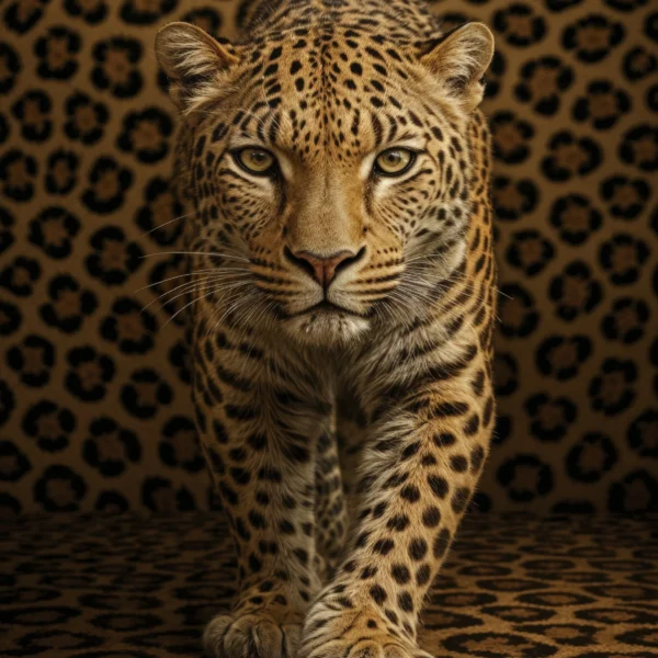 Leopard Shadow, léopard avançant dans un décor aux motifs tachetés