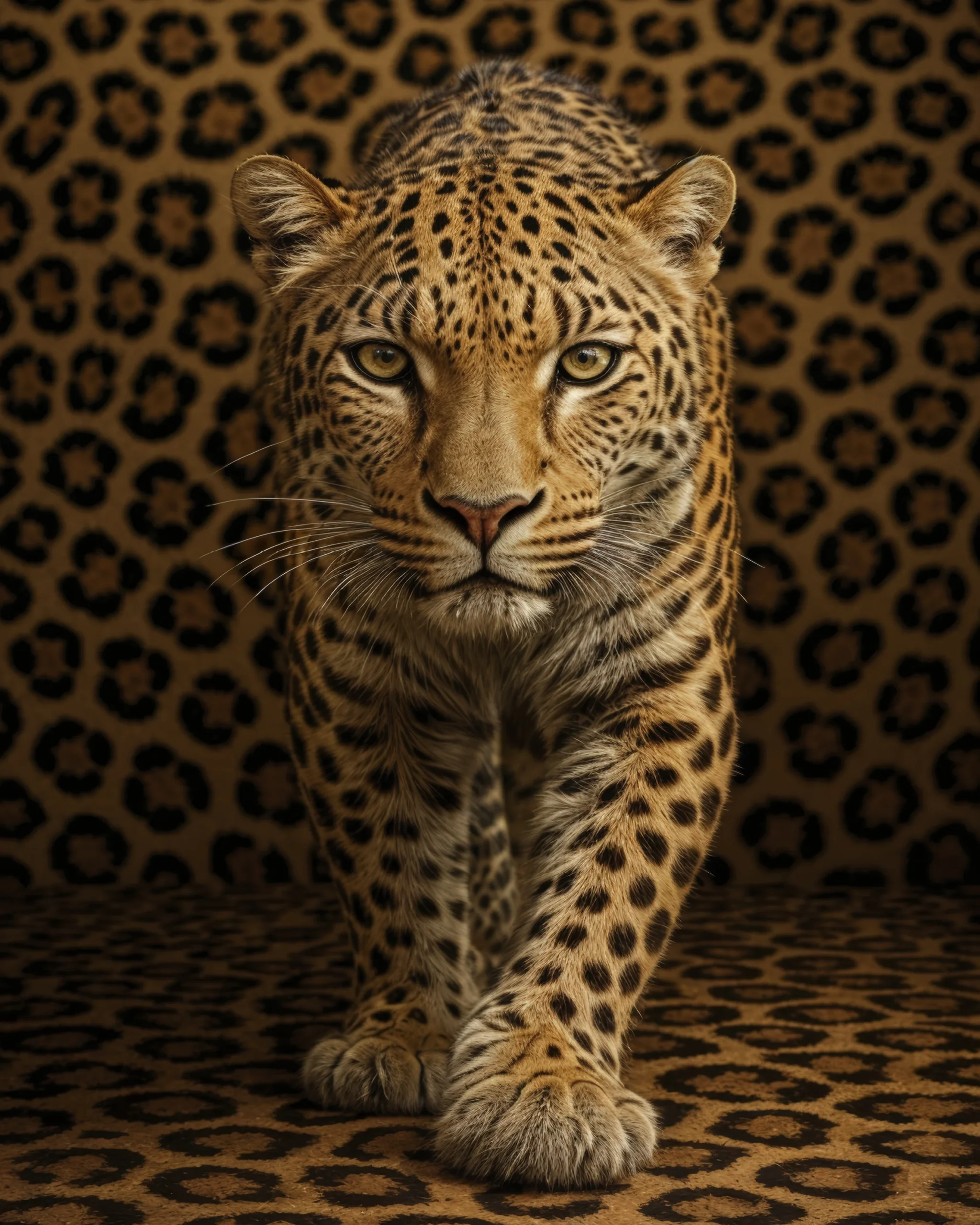 Leopard Shadow, léopard avançant dans un décor aux motifs tachetés