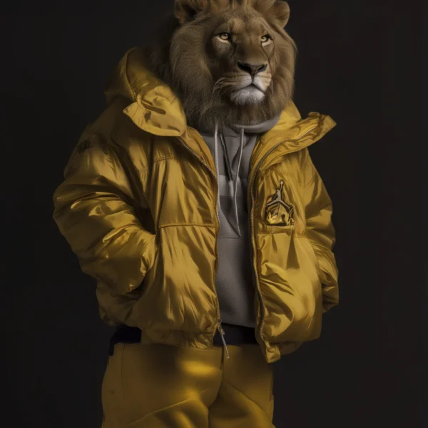 Lion Gold, lion majestueux en doudoune dorée sur fond noir