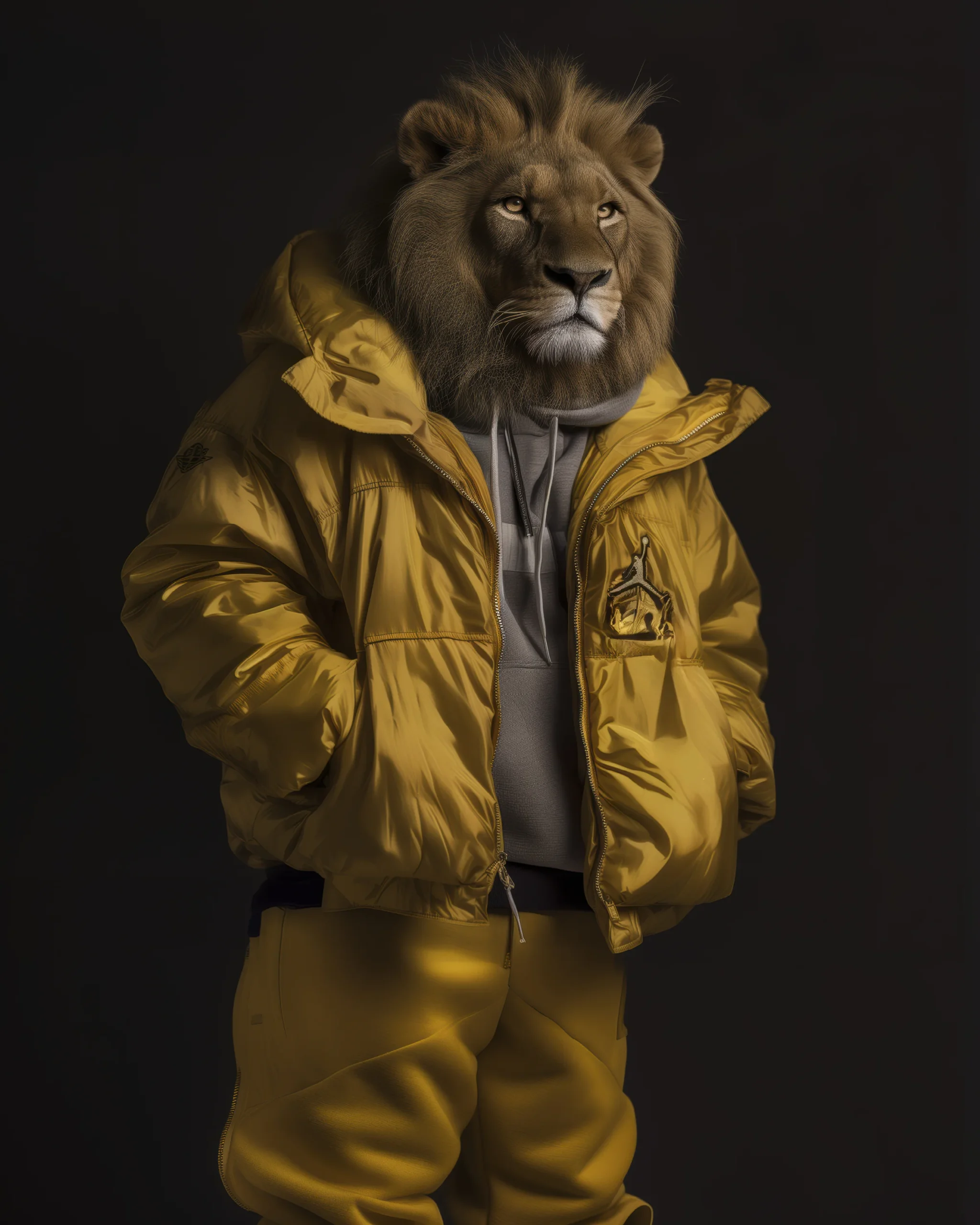 Lion Gold, lion majestueux en doudoune dorée sur fond noir