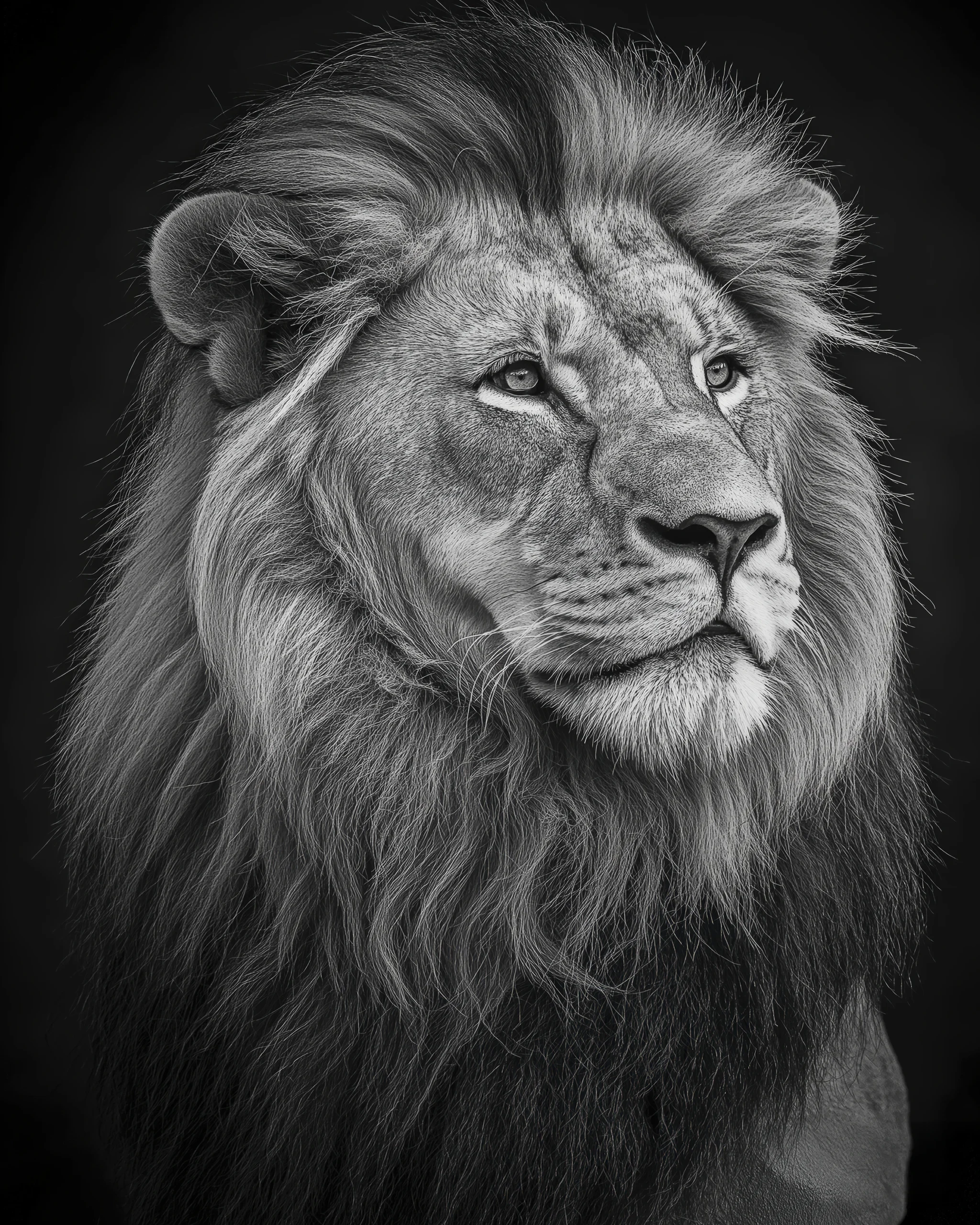 Lion Royal Monochrome, portrait majestueux d’un lion en noir et blanc
