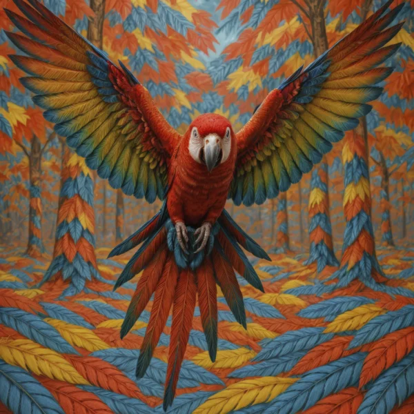 Macaw Colours, ara rouge aux ailes déployées dans un décor de feuillages colorés