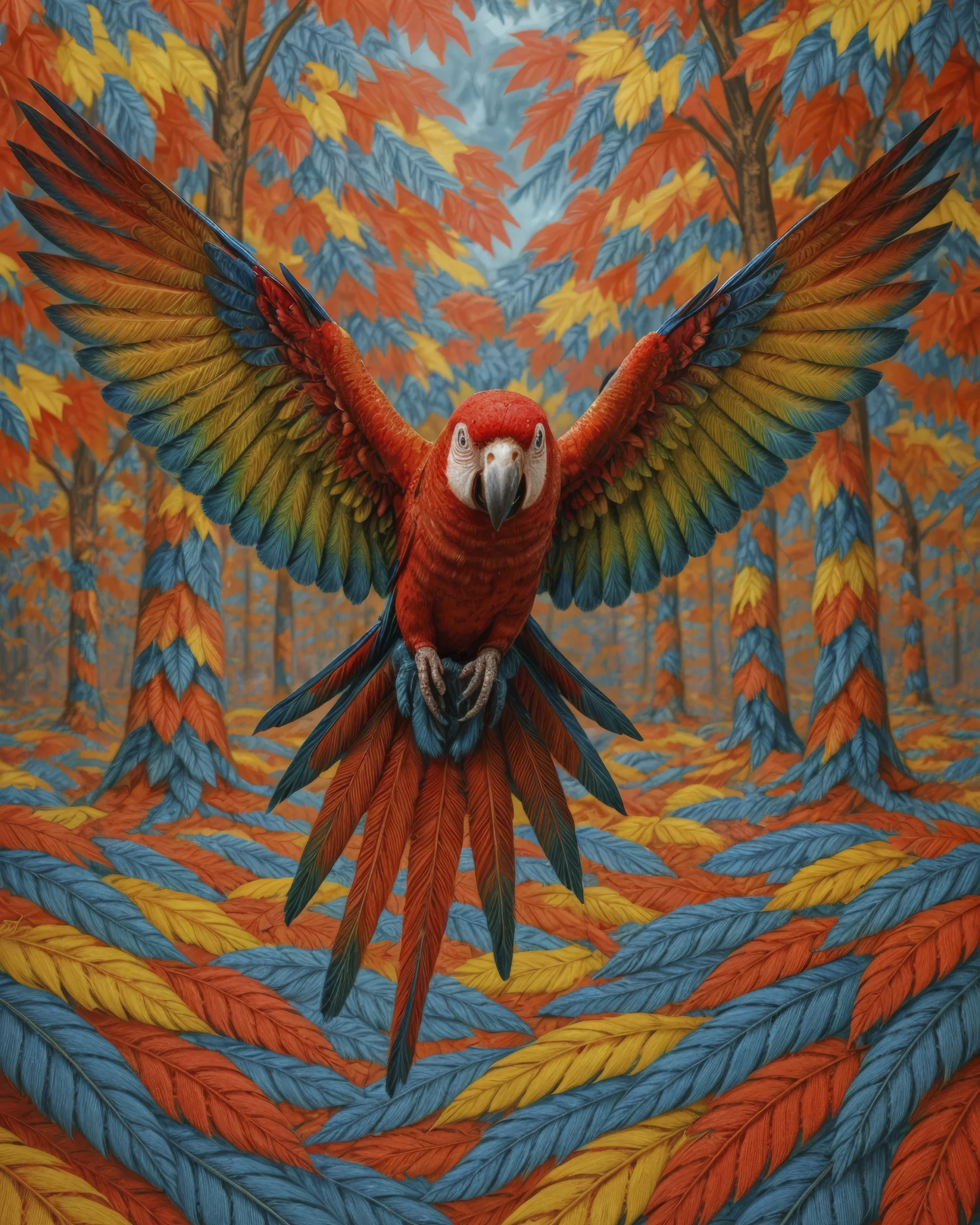 Macaw Colours, ara rouge aux ailes déployées dans un décor de feuillages colorés