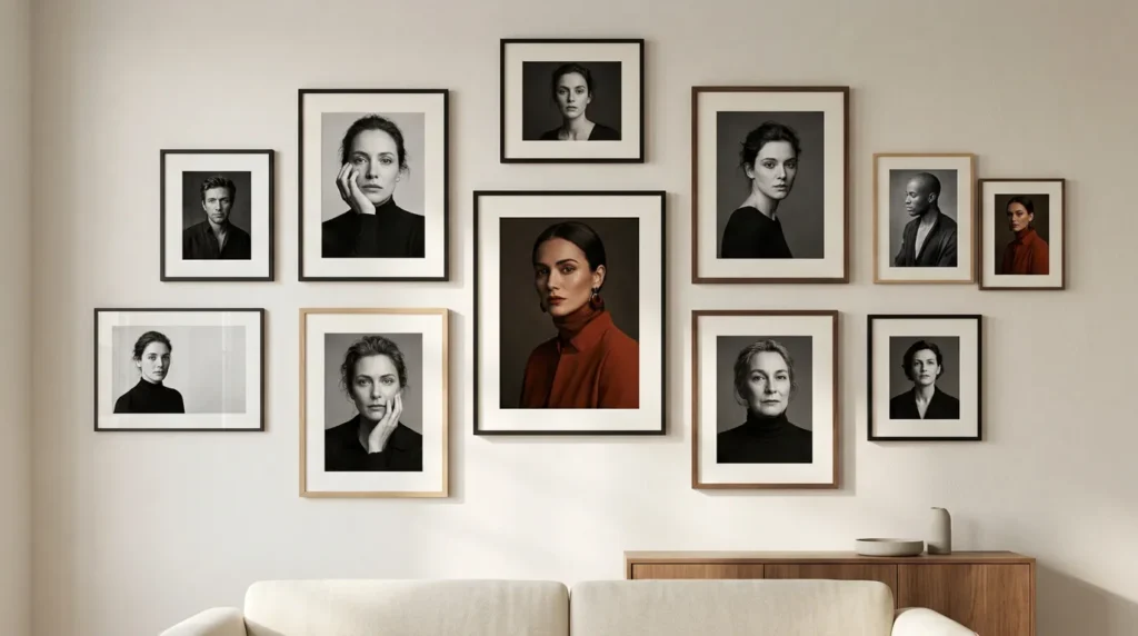 Mélange harmonieux de toiles couleur et noir et blanc au sein d un mur de portraits