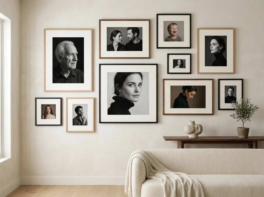 Composition murale contemporaine pour créer un mur de portraits élégant dans un salon