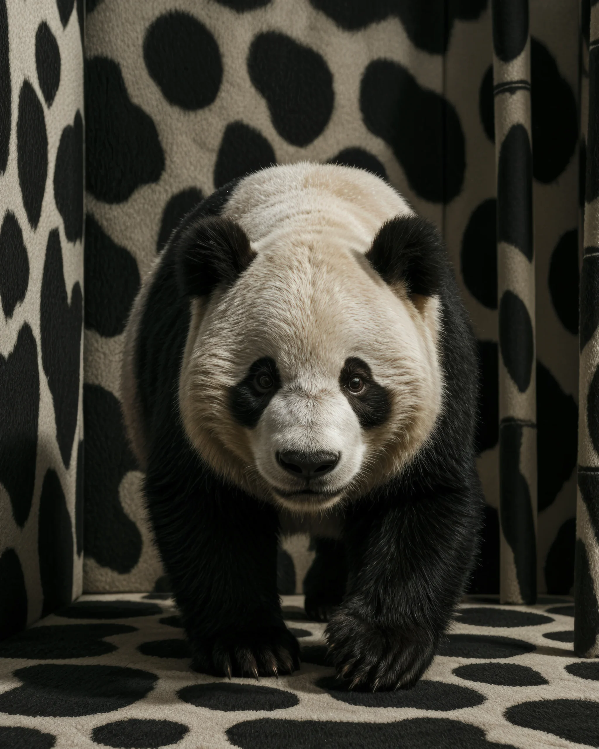 Panda Monochrome, panda face caméra dans un décor noir et blanc