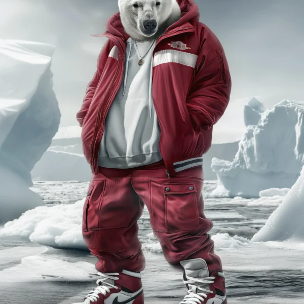 Polar Red, ours polaire en tenue streetwear rouge sur la banquise