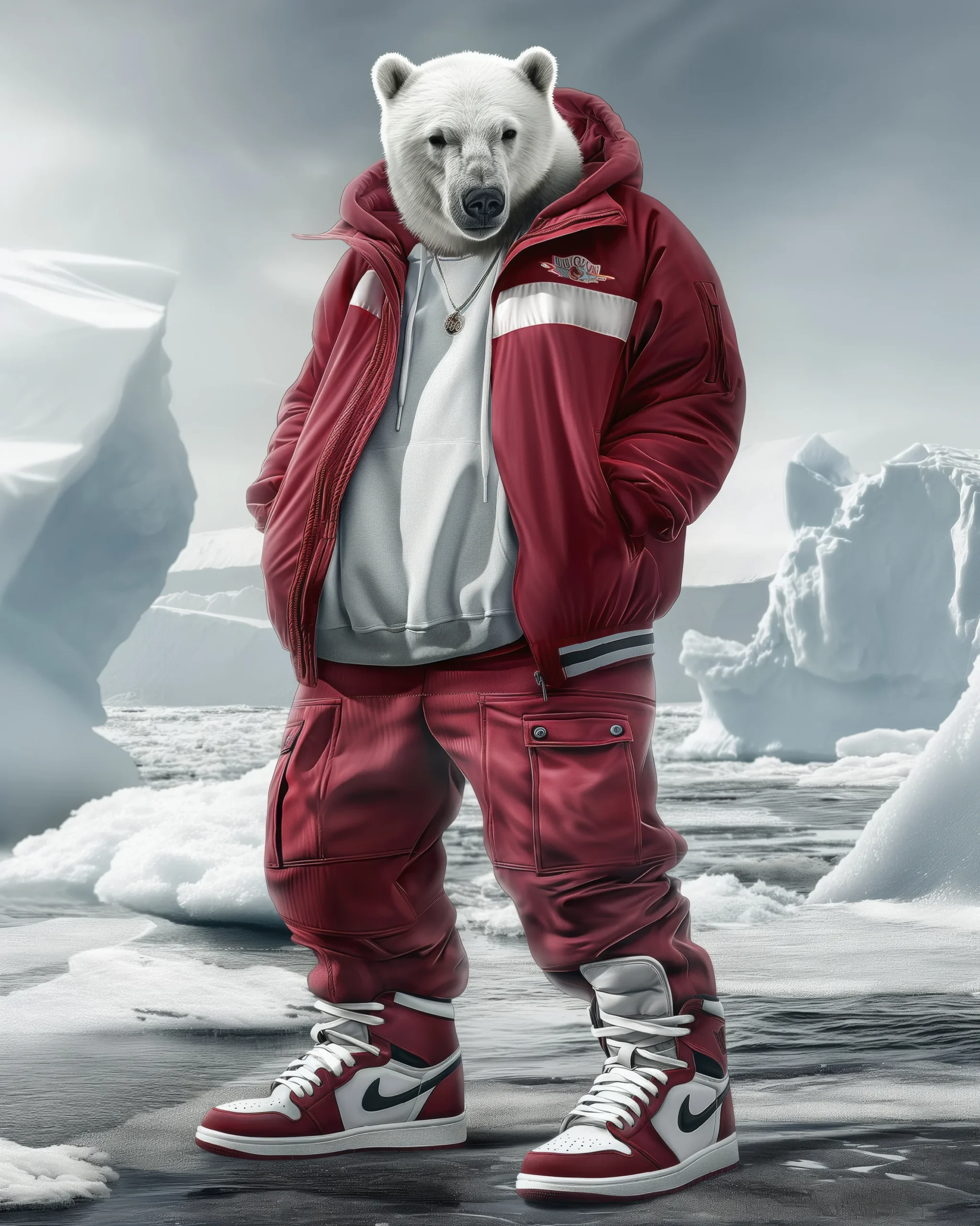 Polar Red, ours polaire en tenue streetwear rouge sur la banquise