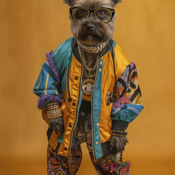 Pop Dog, chien à lunettes en tenue streetwear multicolore