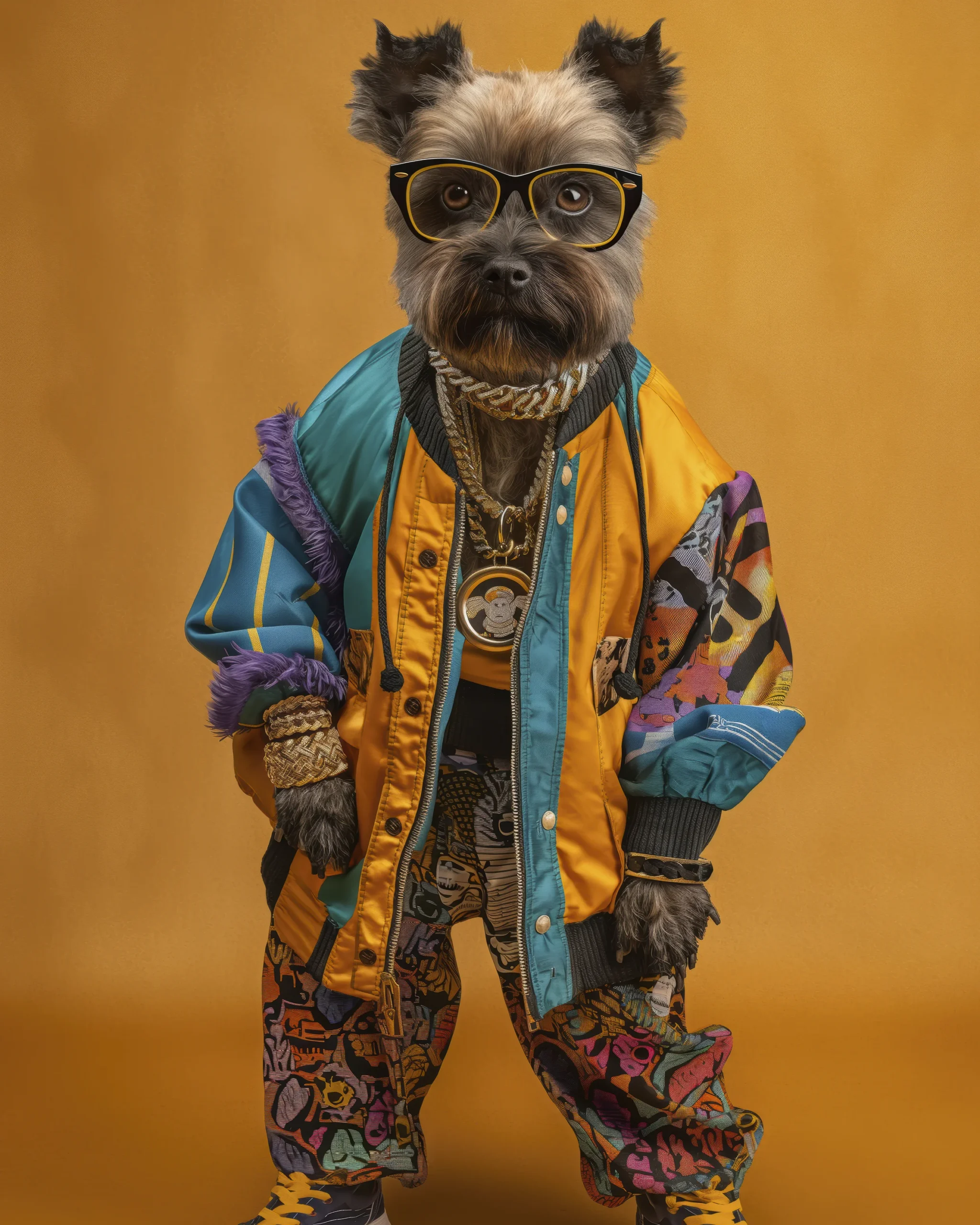 Pop Dog, chien à lunettes en tenue streetwear multicolore