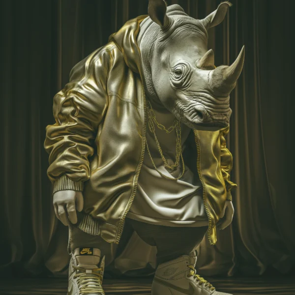 Rhino Gold, rhinocéros en bomber métallisé doré et baskets