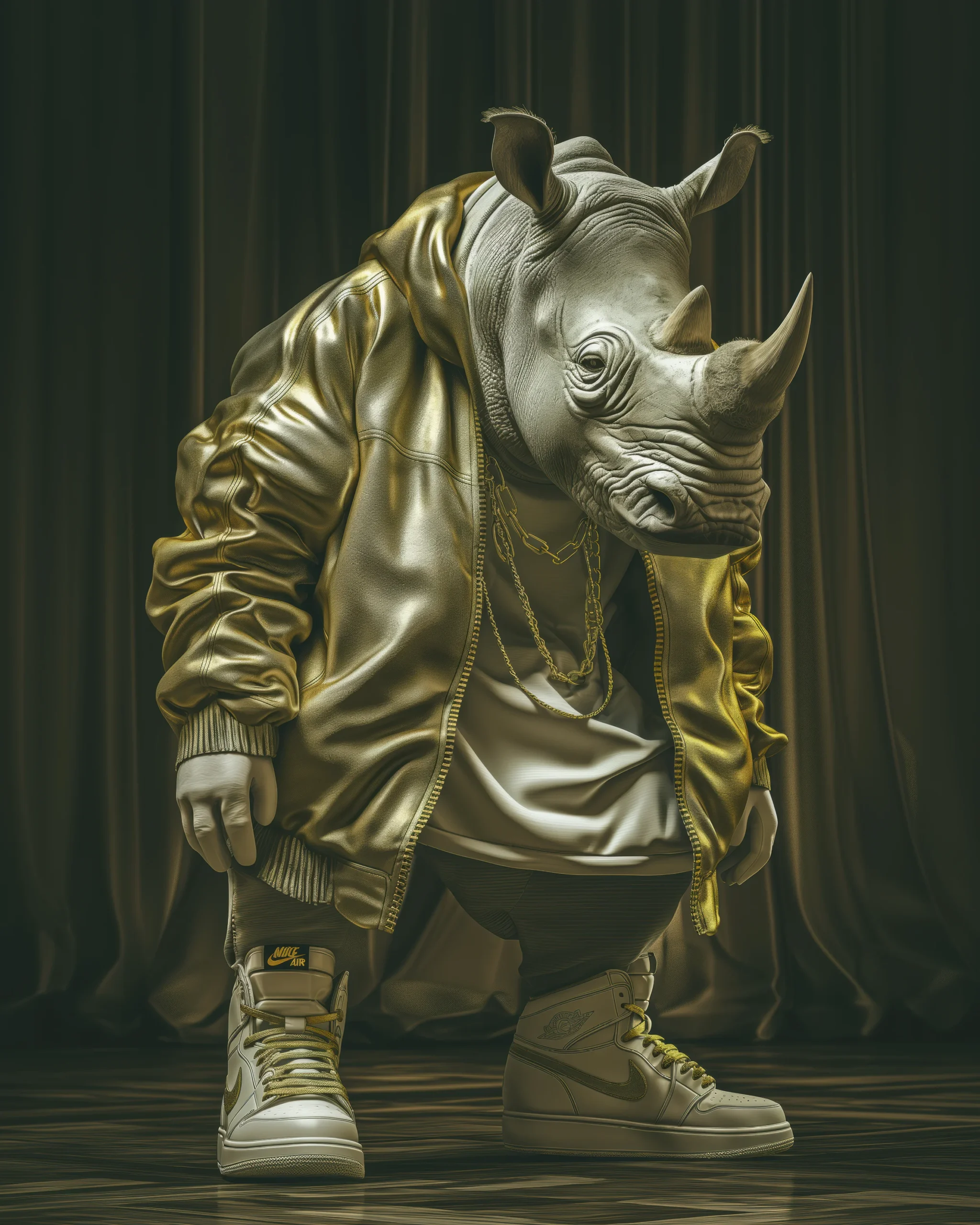 Rhino Gold, rhinocéros en bomber métallisé doré et baskets