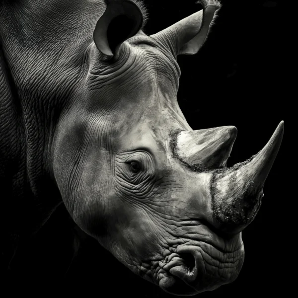 Rhino Noir & Blanc, portrait rapproché d’un rhinocéros en noir et blanc