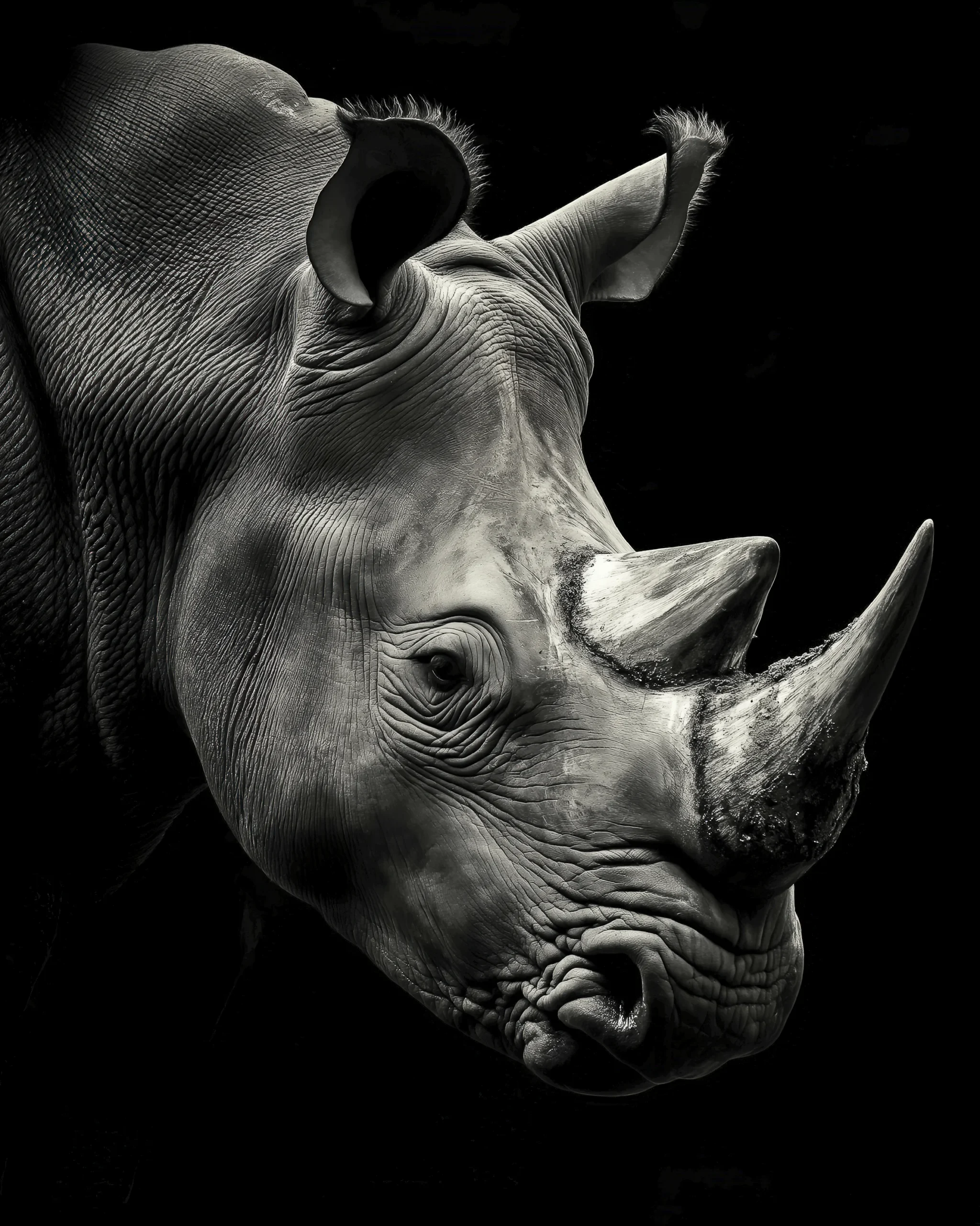 Rhino Noir & Blanc, portrait rapproché d’un rhinocéros en noir et blanc