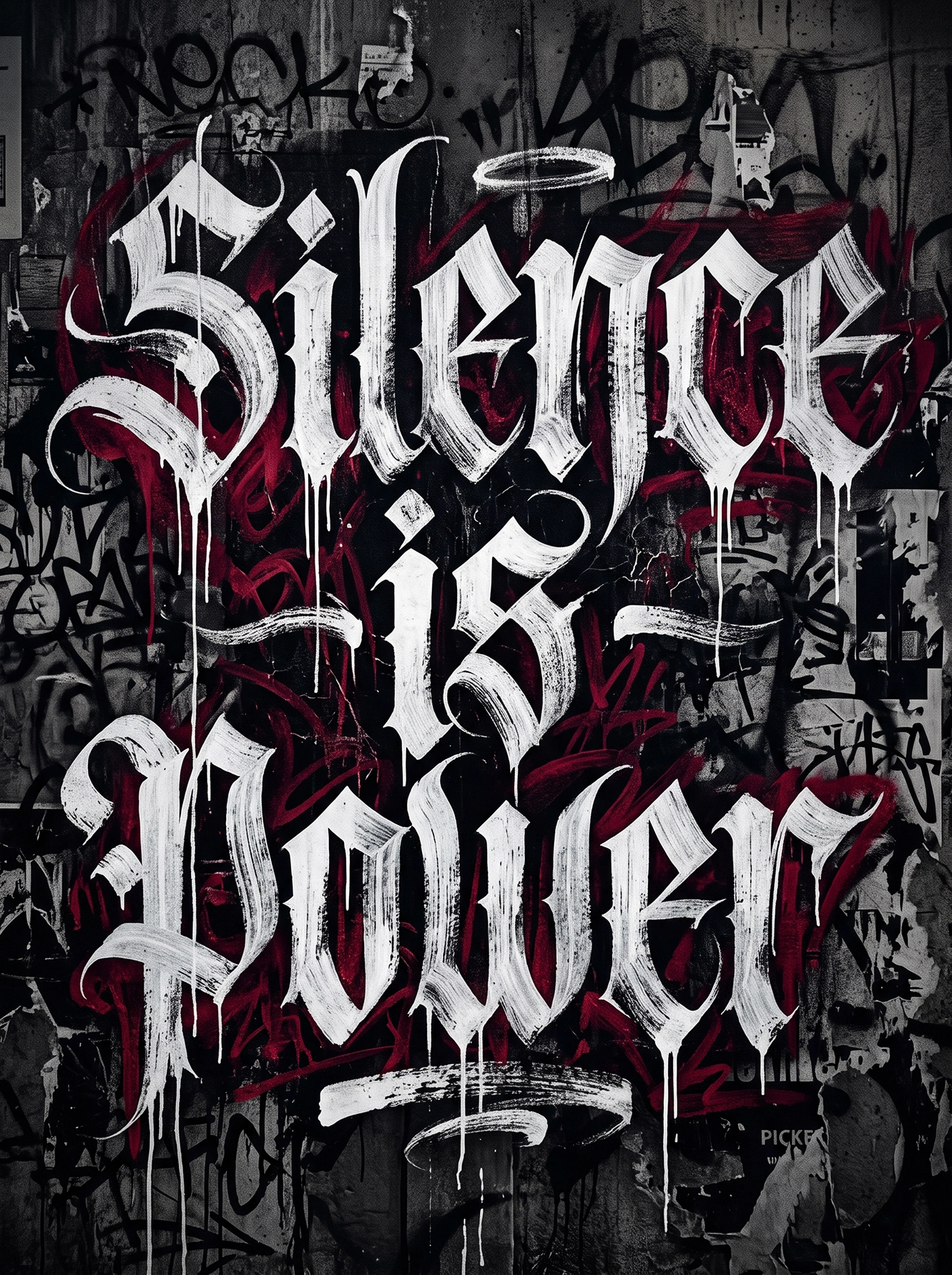 Tableau Silence Is Power représentant une immense calligraphie gothique blanche sur un mur urbain recouvert de tags et de textures street art.