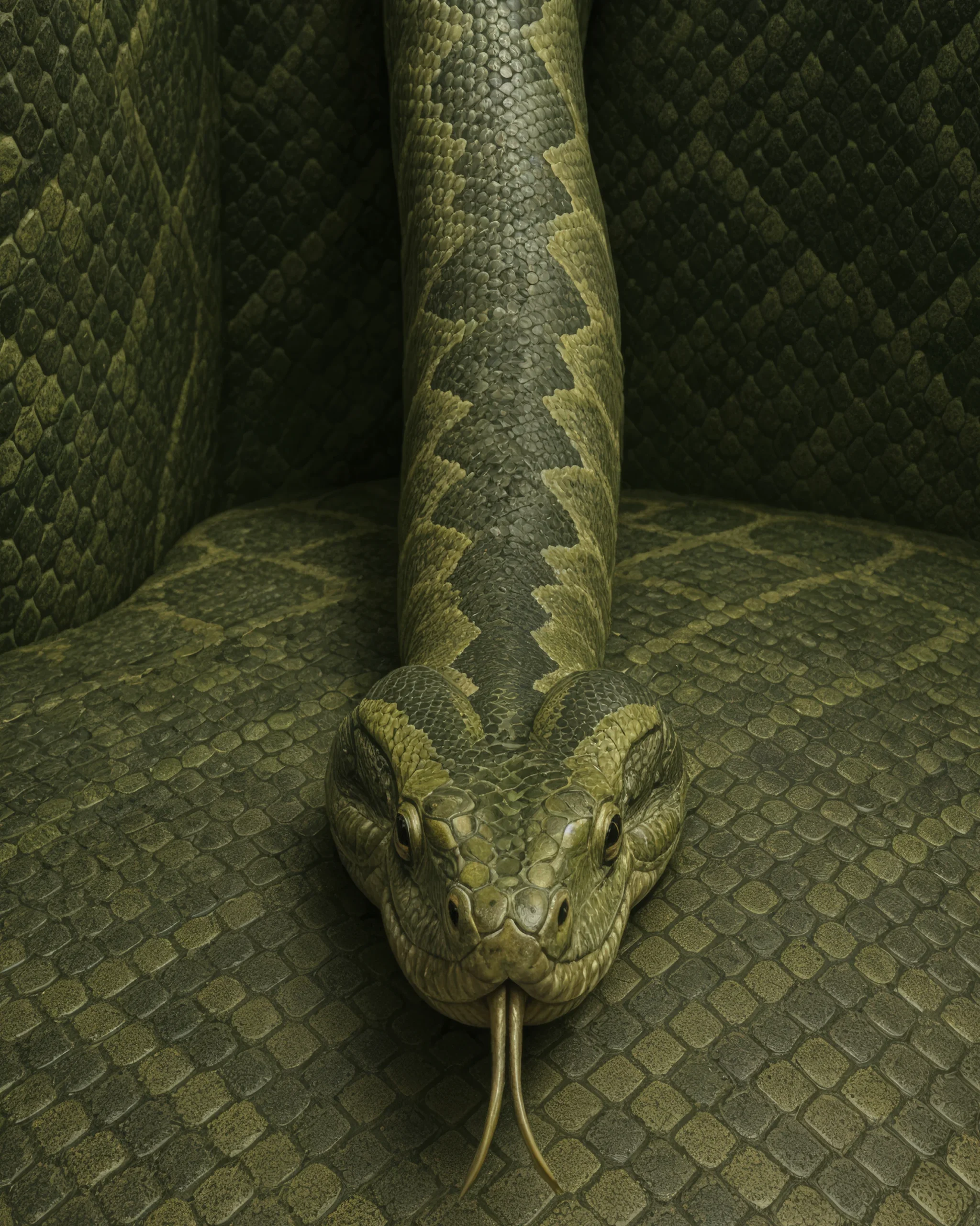 Snake Scale, serpent vert olive vu en gros plan sur un sol texturé
