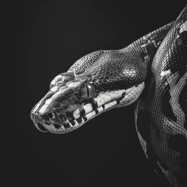 Snake Shadow, portrait rapproché d’un serpent en noir et blanc sur fond sombre