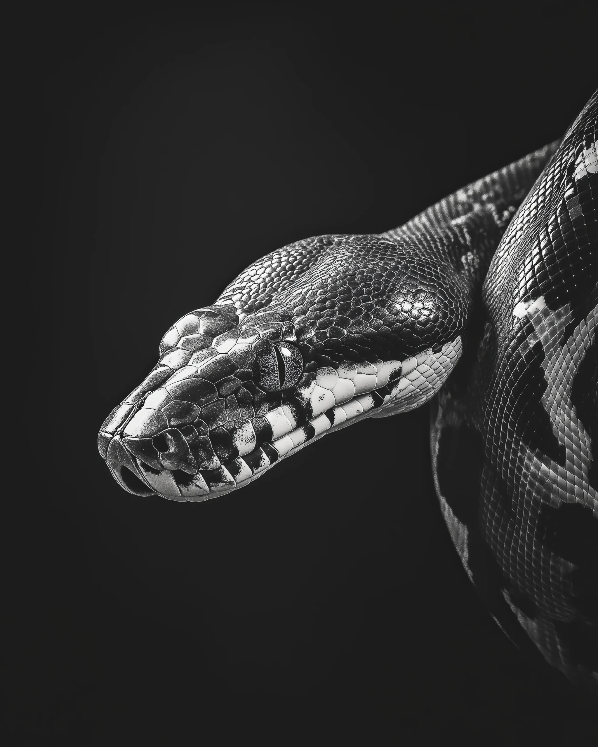 Snake Shadow, portrait rapproché d’un serpent en noir et blanc sur fond sombre