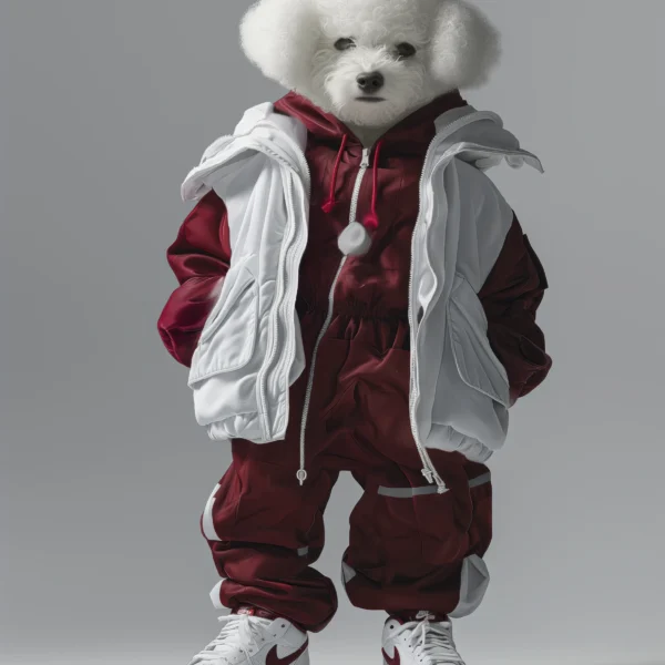 Snow Dog, petit chien blanc en tenue streetwear bordeaux et blanche