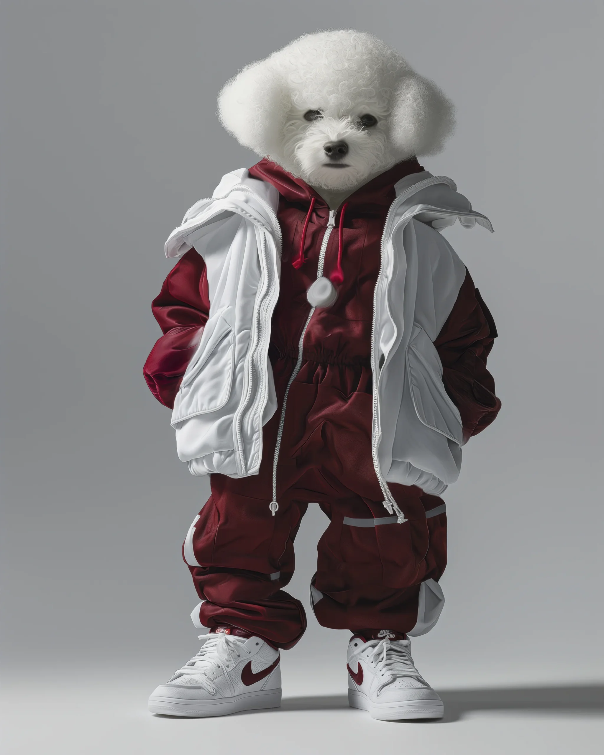 Snow Dog, petit chien blanc en tenue streetwear bordeaux et blanche