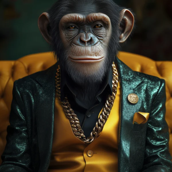 The Golden Boss, chimpanzé élégant en costume vert et gilet doré