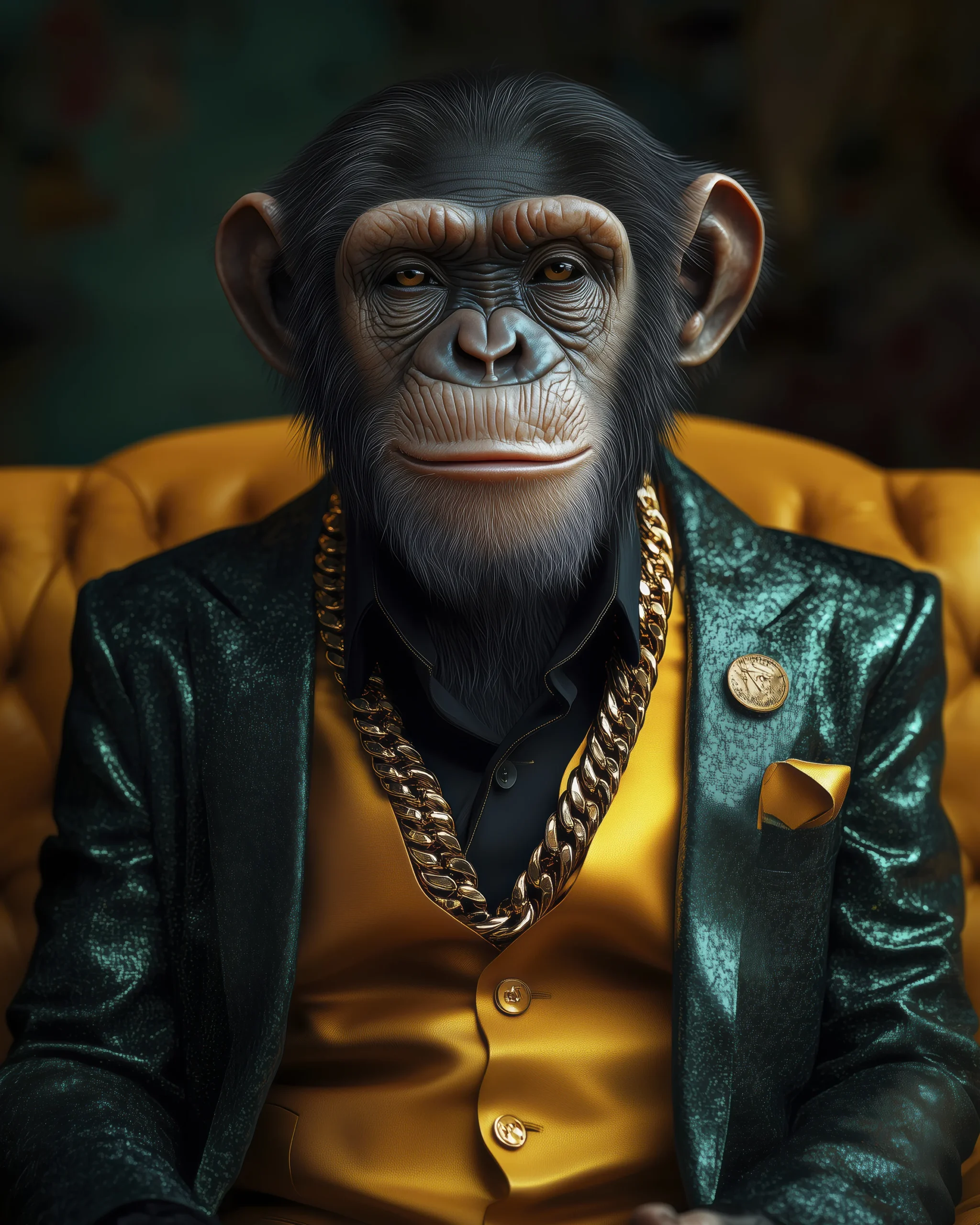 The Golden Boss, chimpanzé élégant en costume vert et gilet doré