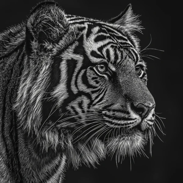 Tiger Contrast, portrait d’un tigre en noir et blanc sur fond sombre