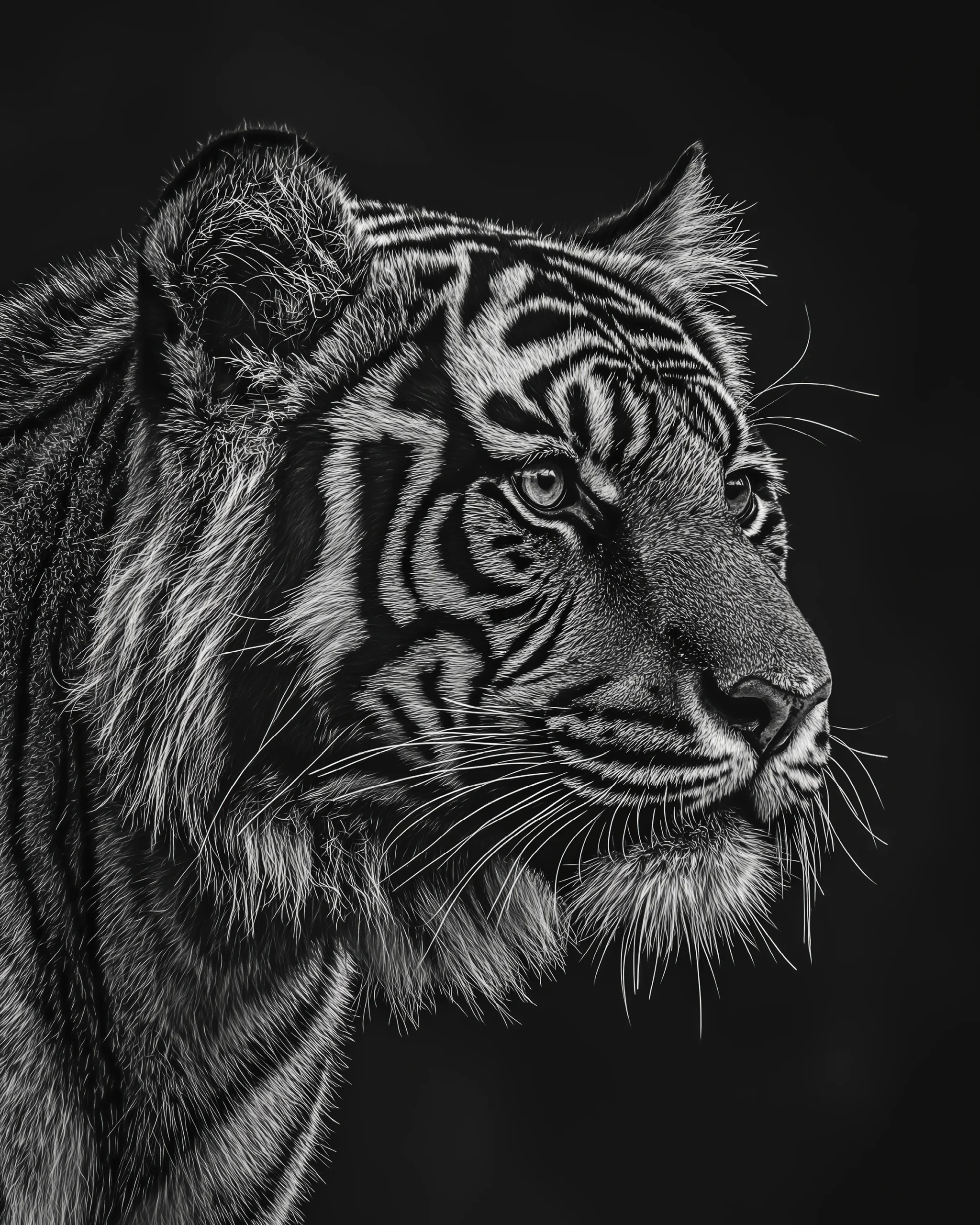 Tiger Contrast, portrait d’un tigre en noir et blanc sur fond sombre