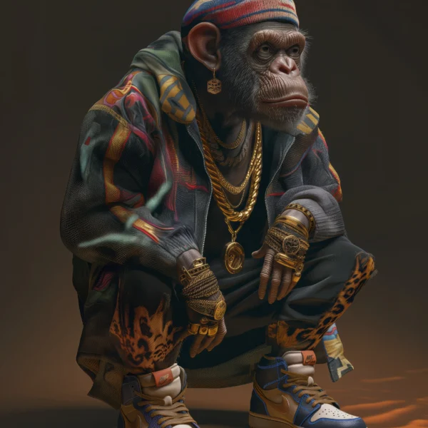 Urban Chimp, chimpanzé en tenue graphique avec bijoux dorés