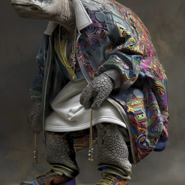 Urban Turtle, tortue en manteau multicolore et baskets streetwear