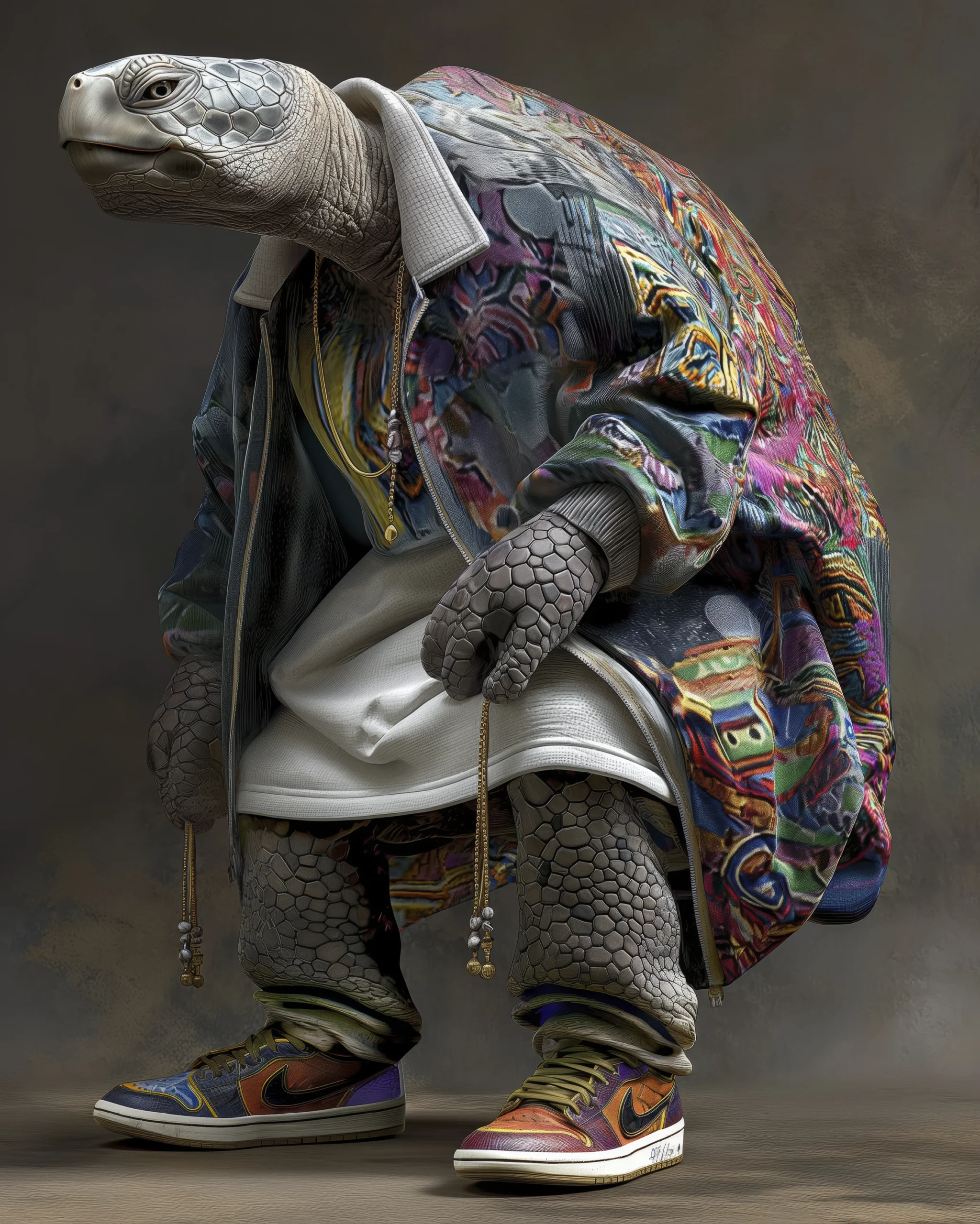 Urban Turtle, tortue en manteau multicolore et baskets streetwear