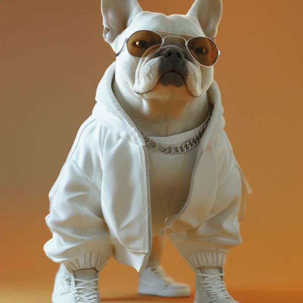 White Bulldog, bouledogue français blanc en tenue streetwear sur fond orange