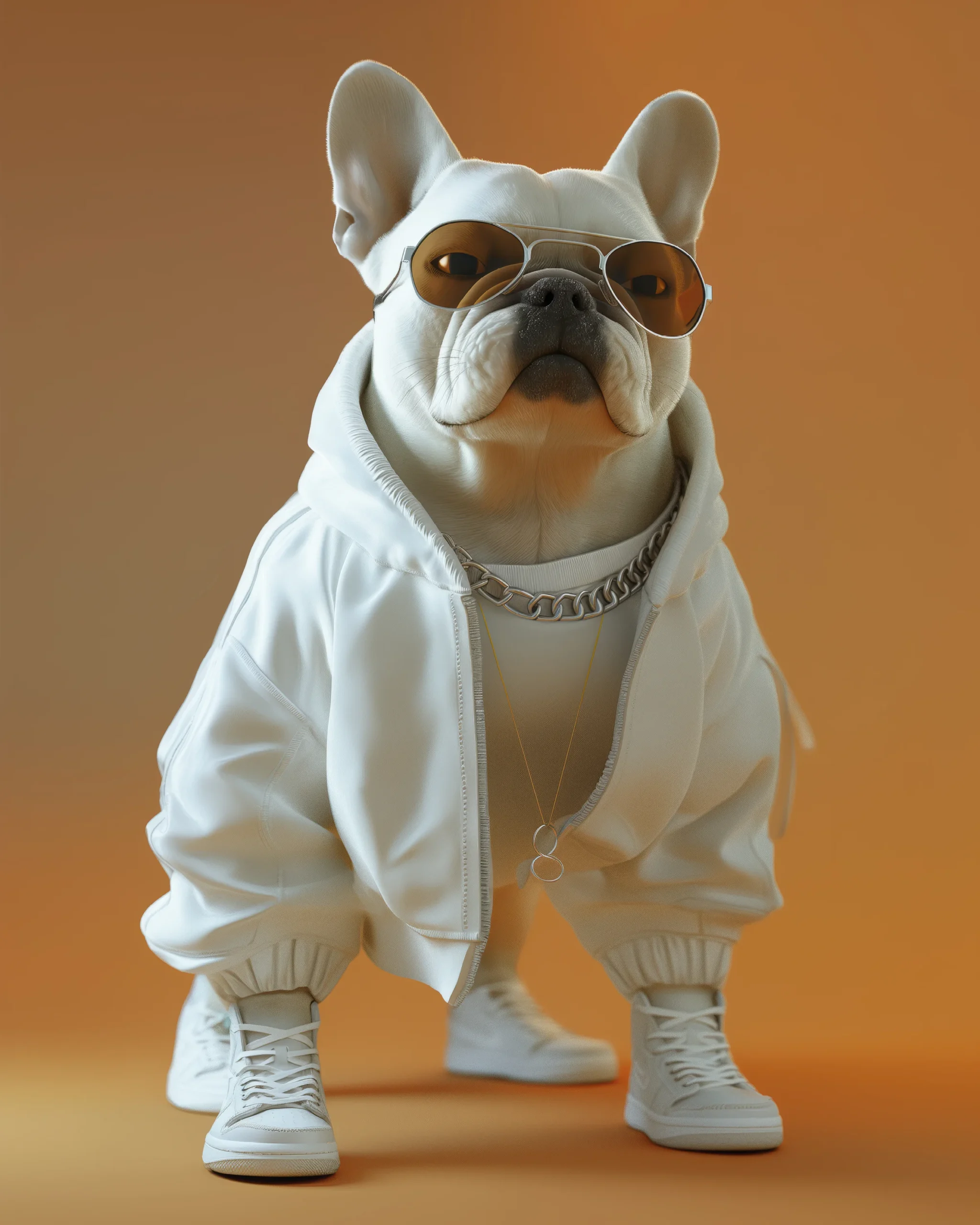 White Bulldog, bouledogue français blanc en tenue streetwear sur fond orange