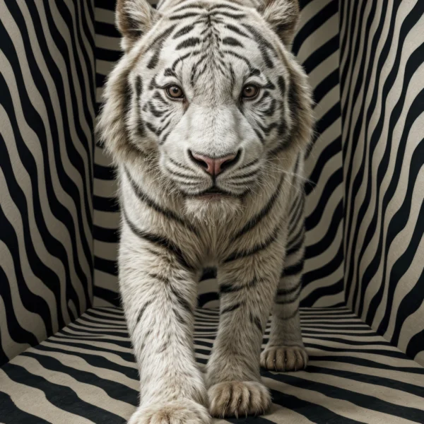 White Tiger, tigre blanc dans un décor graphique de rayures noires