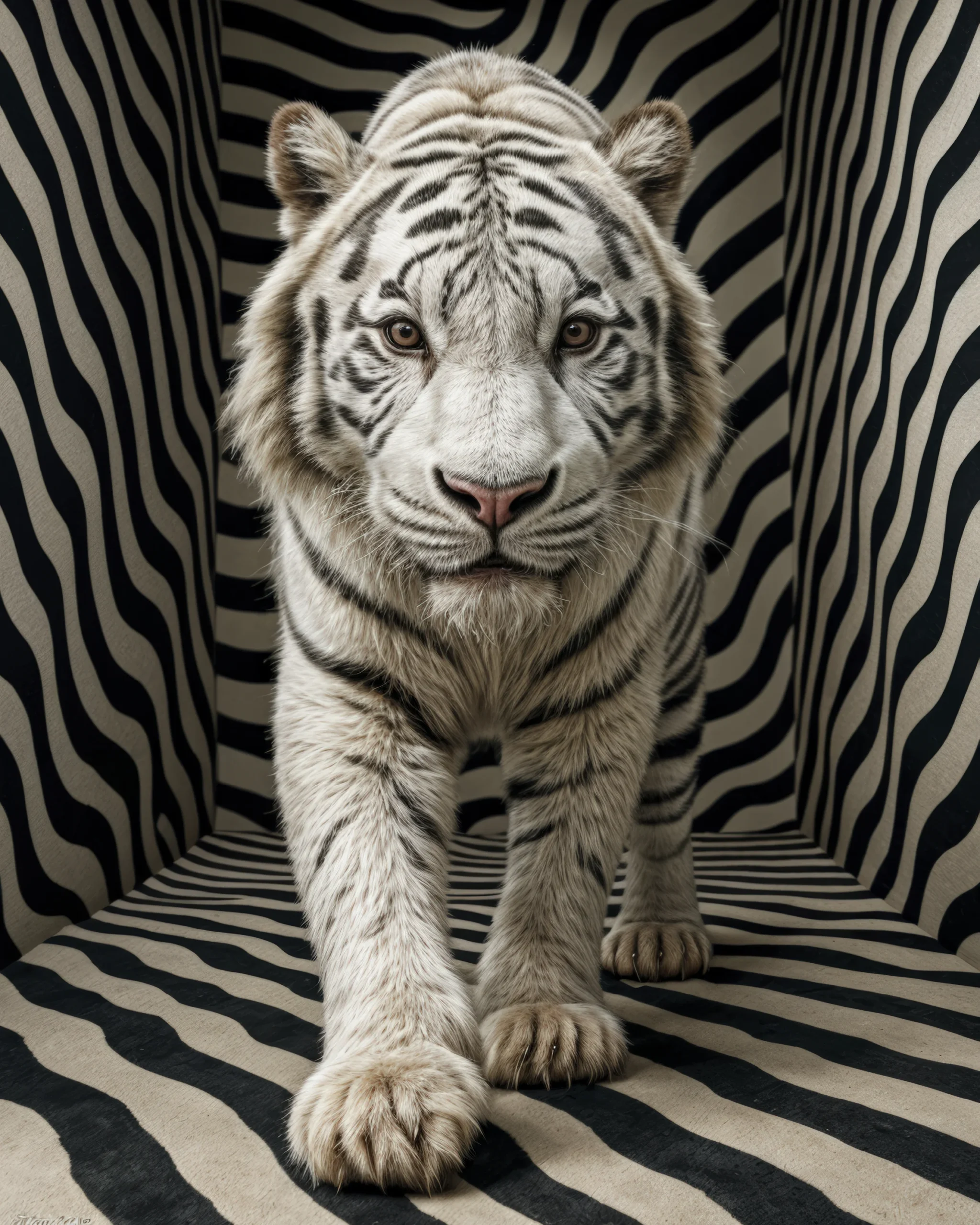 White Tiger, tigre blanc dans un décor graphique de rayures noires